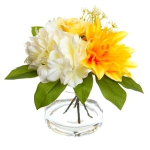 NWT spring summer Yellow Dahlia Flowers with Glass Vase, 9" home decor, accents